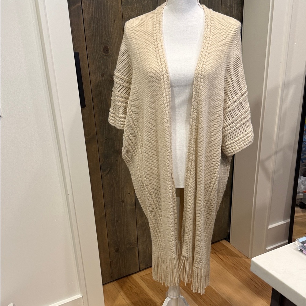 Demdaco Cream Knit Sweater Shawl with Fringe and Arm Holes